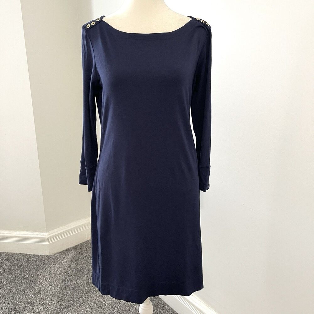 Lilly Pulitzer Sophie Dress Womens Medium Navy Boat Neck Button Accent Stretch - Picture 2 of 12